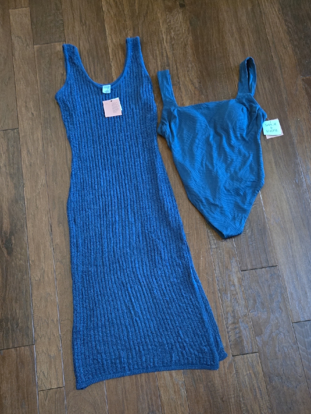 Shade & Shore Teal Blue Ribbed Knit Coverup with Matching Swimsuit High Leg Set
